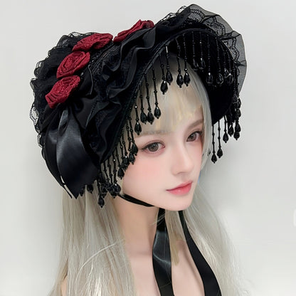 Black rose lace Lolita hat with detailed floral embroidery, featuring elegant lace and a vintage-inspired design.