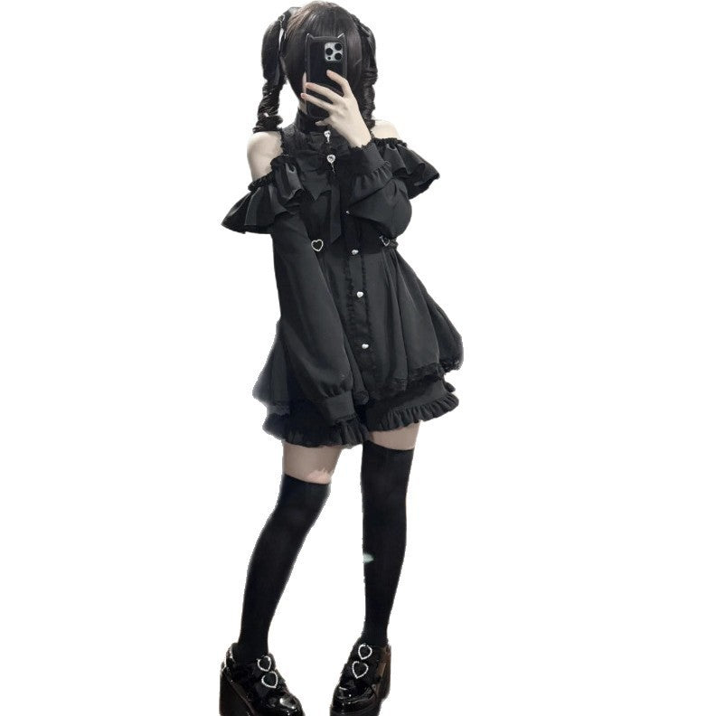 Eprolo long sleeve mini dress and shorts set displayed on a mannequin, featuring a stylish, coordinated casual outfit.
