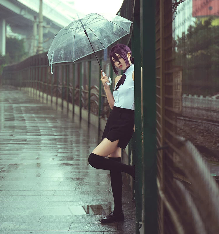 Shadora Reze cosplay outfit with matching wig, featuring detailed costume and vibrant hair in a high-quality photo.