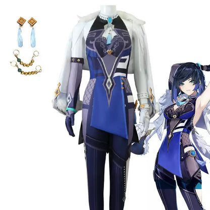 Yelan cosplay and wig from Genshin Impact featuring intricate costume details and long black hair styled for the character.