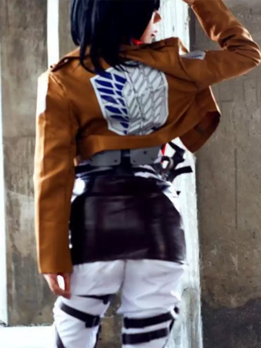 Mikasa Ackerman cosplay costume with wig from Attack on Titan, featuring her signature military uniform and short black wig.