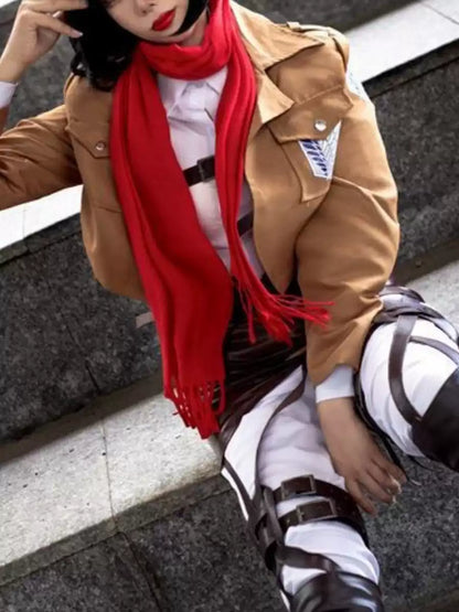 Mikasa Ackerman cosplay wig and costume from Attack on Titan, featuring detailed character outfit and accessories by Shadora.