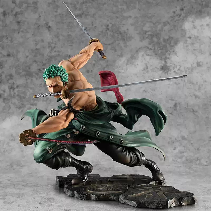 Shadora Roronoa Zoro figure from One Piece, detailed anime character statue with swords, front view with vibrant colors.