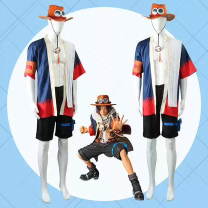 Portgas D. Ace cosplay costume with wig from One Piece, featuring detailed costume and vibrant character accessories by Shadora.