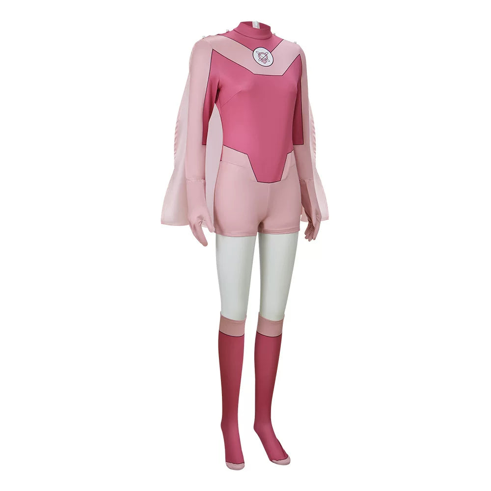 Shadora Samantha Eve Invincible cosplay with matching wig, featuring detailed costume and vibrant hair in a natural pose.