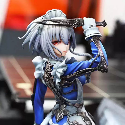 Sakuya Izayoi figure from Touhou by Shadora, showcasing detailed costume and pose, on a plain background.