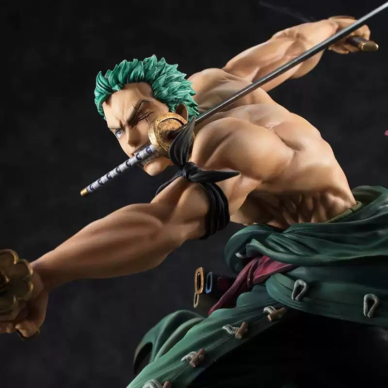 Shadora Roronoa Zoro figure from One Piece, detailed anime character collectible with green hair and swords in hand.