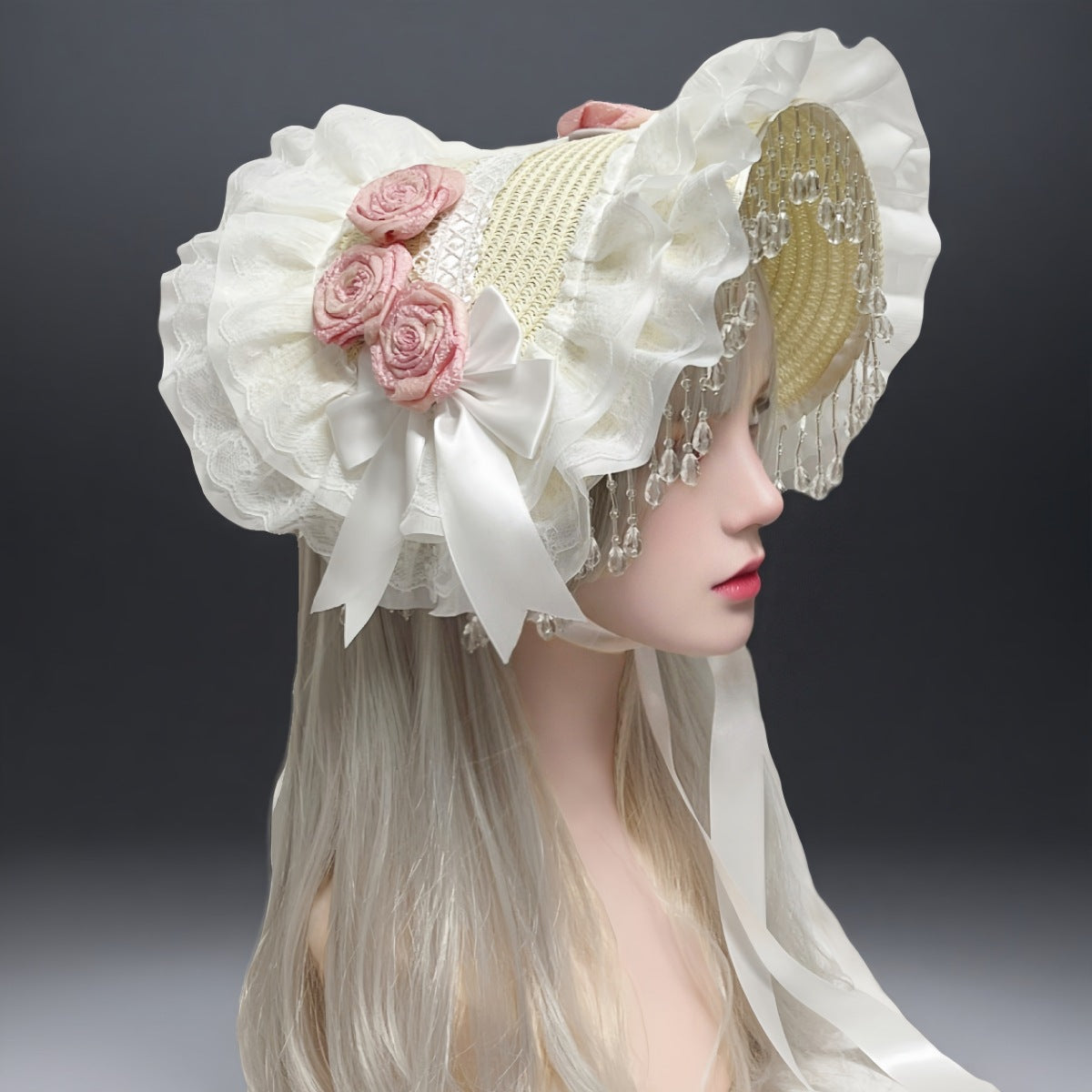 Black rose lace Lolita hat with detailed floral embroidery, crafted by eprolo, featuring intricate lace and elegant design.