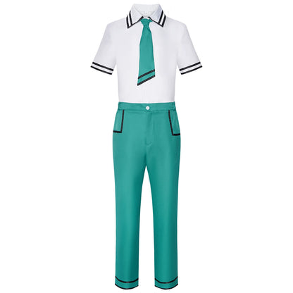 Shadora Saiki K. cosplay okul üniforması with wig, featuring a navy blazer, white shirt, and accessories inspired by the anime character.