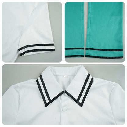 Shadora Saiki K. cosplay okul uniform with wig, featuring a navy blazer, white shirt, and accessories for anime costume.