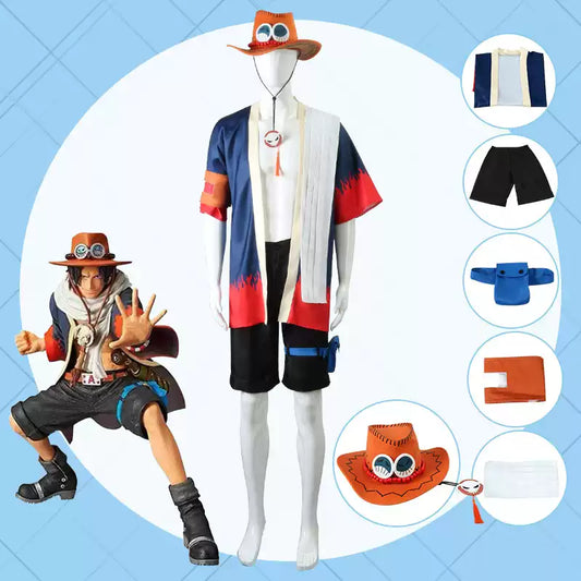 Portgas D. Ace cosplay costume with Peruk from One Piece, featuring character’s signature orange hair and pirate outfit.