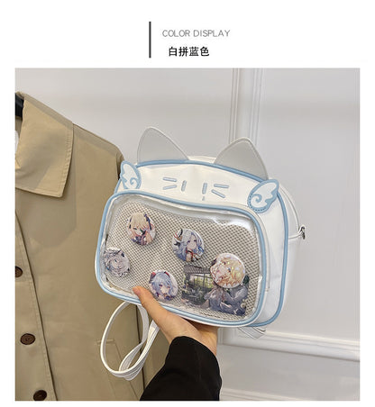Y2K Kedi figürlü İta eprolo crossbody çanta with adjustable strap and colorful design, featuring a cute cat motif and compact size.
