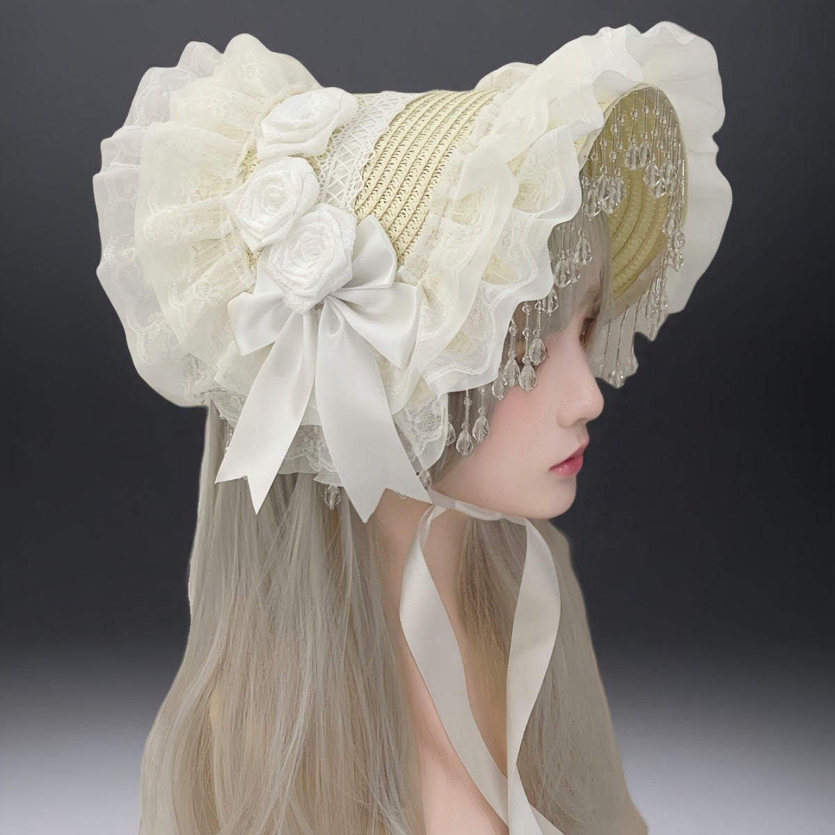 Black rose lace lolita hat with detailed floral embroidery and elegant design, perfect for vintage or gothic fashion styles.