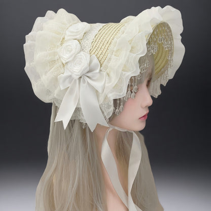 Black rose lace lolita hat with detailed floral embroidery and elegant design, perfect for vintage or gothic fashion styles.