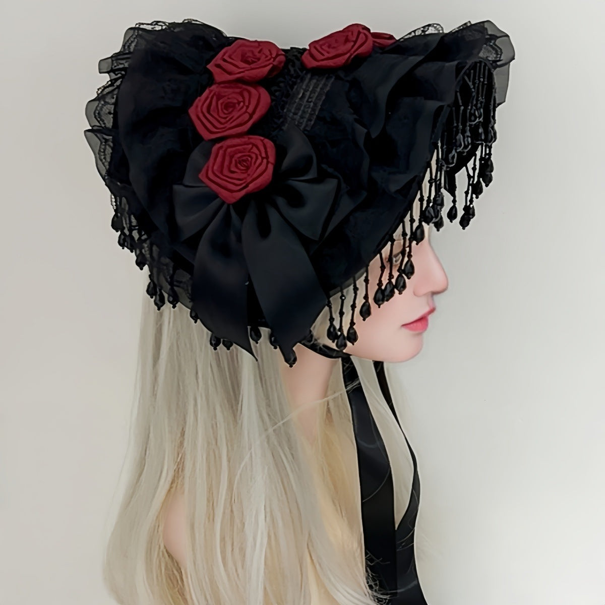 Black rose lace Lolita hat with floral details, featuring intricate lace and a vintage-inspired design.