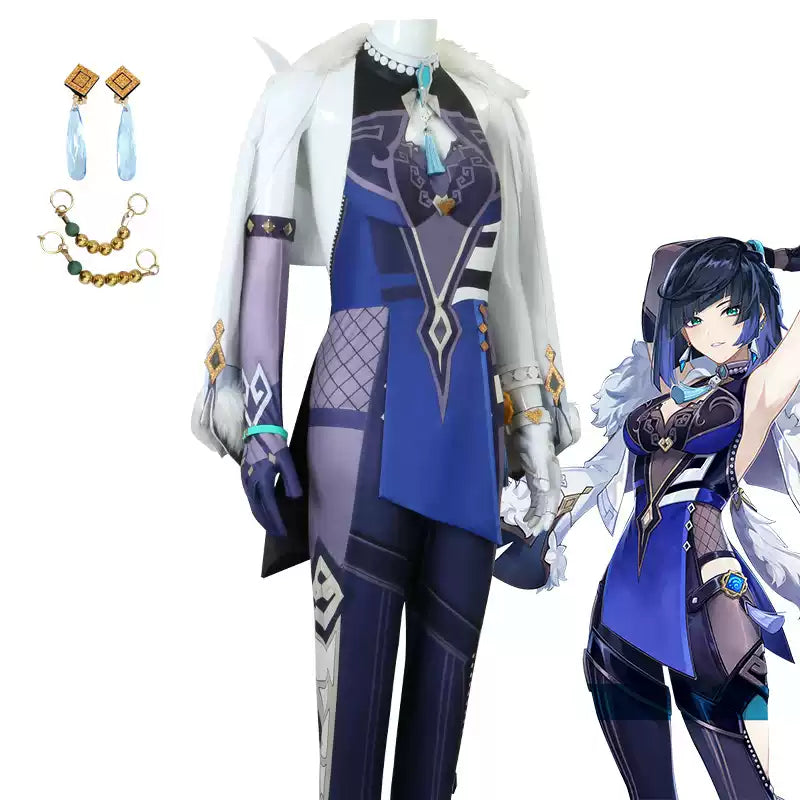 Yelan cosplay and wig from Genshin Impact featuring detailed costume and long black hair styled for accurate character representation