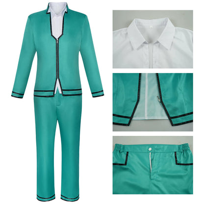 Shadora Saiki K. cosplay okul üniforması with wig, featuring a navy blazer, white shirt, and accessories for anime cosplay.