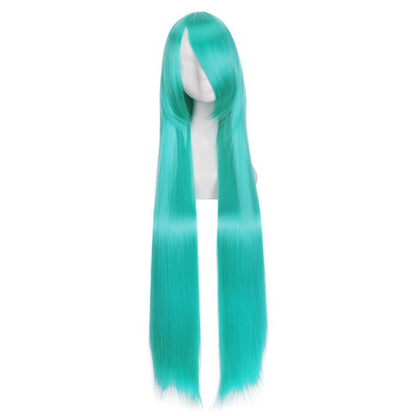 Colorful long eprolo wig, 100cm, with vibrant strands and layered style, displayed on a mannequin head.