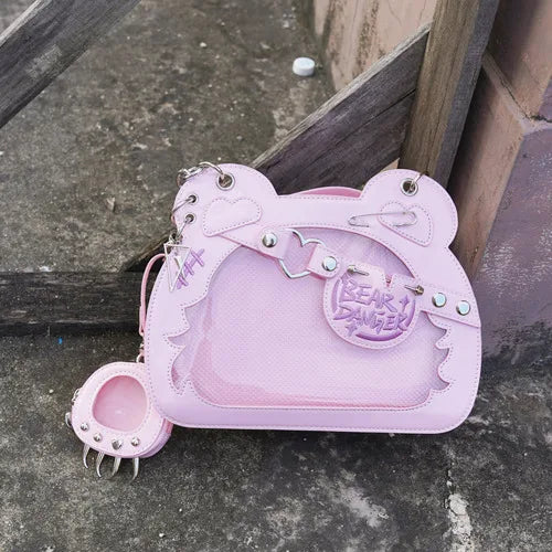 Clear kawaii teddy bear Ita bag by eprolo, featuring a transparent design with cute teddy bear details and adjustable strap.