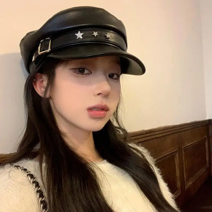 Vintage black leather grunge cap with distressed style, featuring a classic brim and textured leather for a trendy, edgy look.