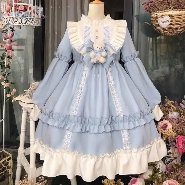 Colorful patchwork kawaii dress with ruffled details from eprolo, featuring playful patterns and a charming, youthful style.