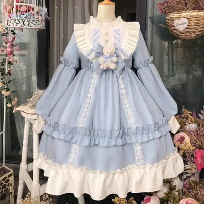 Colorful patchwork kawaii dress with ruffled details from eprolo, featuring playful patterns and a charming, youthful style.