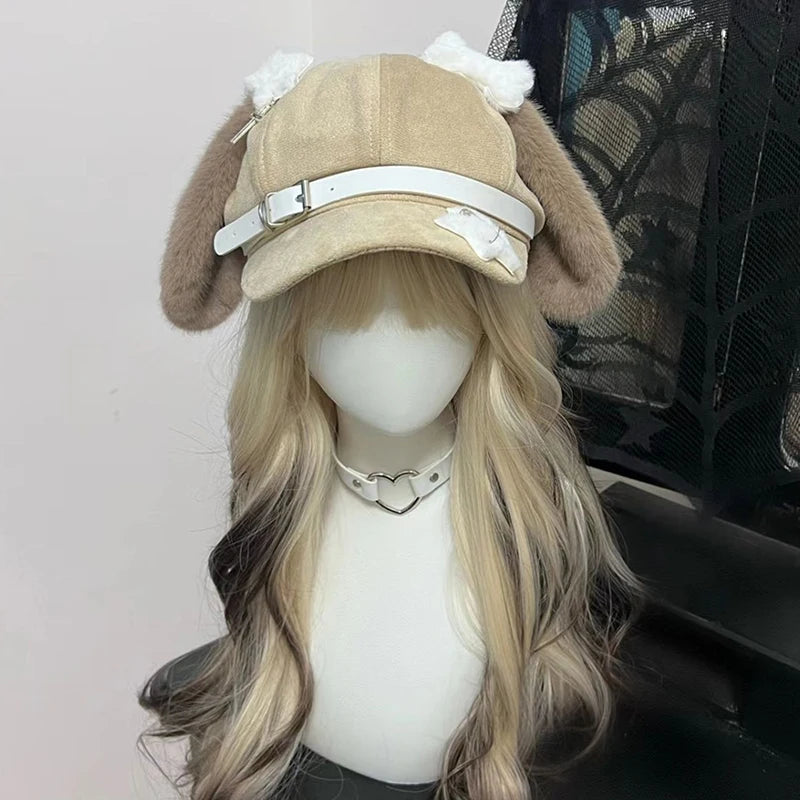 Eprolo Tavşan Kulaklı Lolita şapka with plush bunny ears, pink and white design, ideal for cute, playful fashion styles.