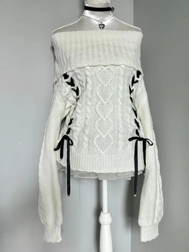 White kawaii shoulder-open cardigan by eprolo featuring a cozy, stylish design with a relaxed fit and soft knit fabric.