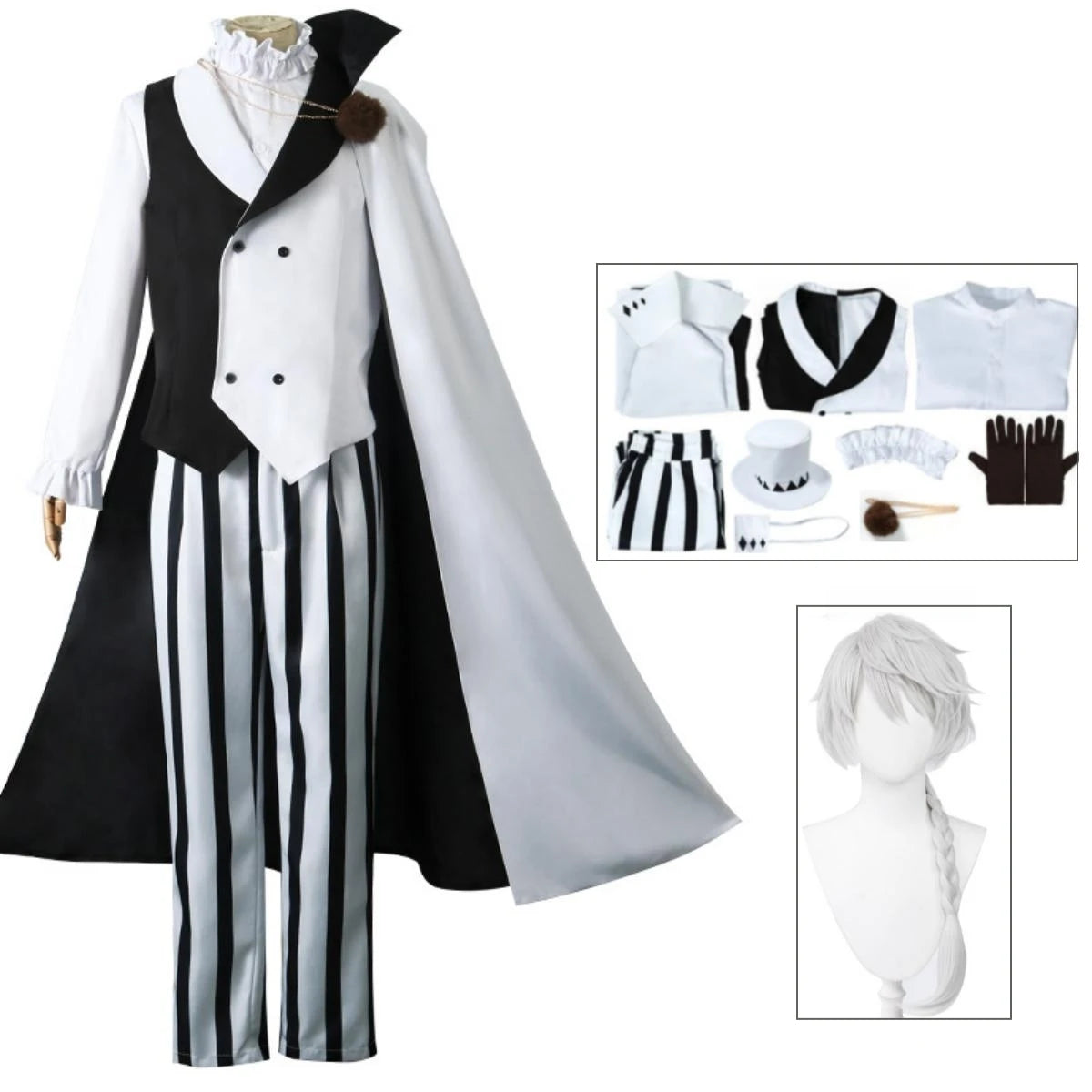 Nikolai Gogol cosplay costume with wig from Bungo Stray Dogs, featuring detailed clothing and hair accessory, by eprolo.