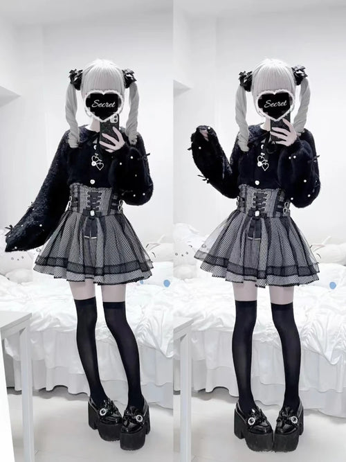 Eprolo long sleeve blouse with bow detail paired with a matching mini skirt, stylish fashion set in black and white.
