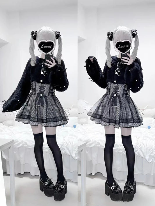 Eprolo long sleeve blouse with bow detail paired with a matching mini skirt, stylish fashion set in black and white.