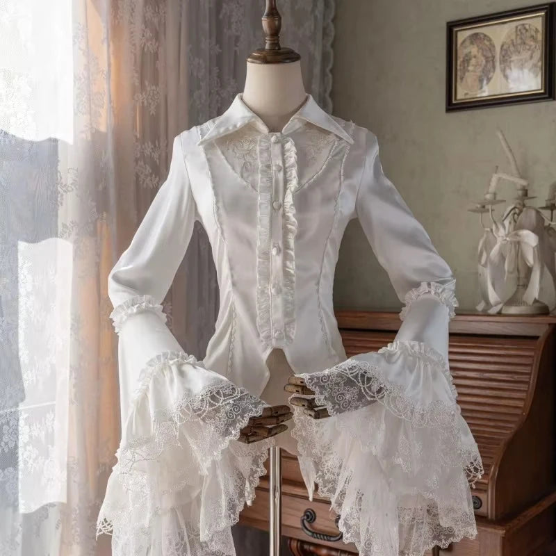 Black Gothic Victorian blouse with lace details and long sleeves, stylish eprolo shirt perfect for gothic fashion.