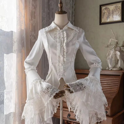 Black Gothic Victorian blouse with lace details and long sleeves, stylish eprolo shirt perfect for gothic fashion.