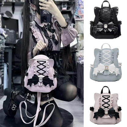 Eprolo Japon Stil cat ear shoulder bag featuring a black fabric with cat ear details and adjustable strap.