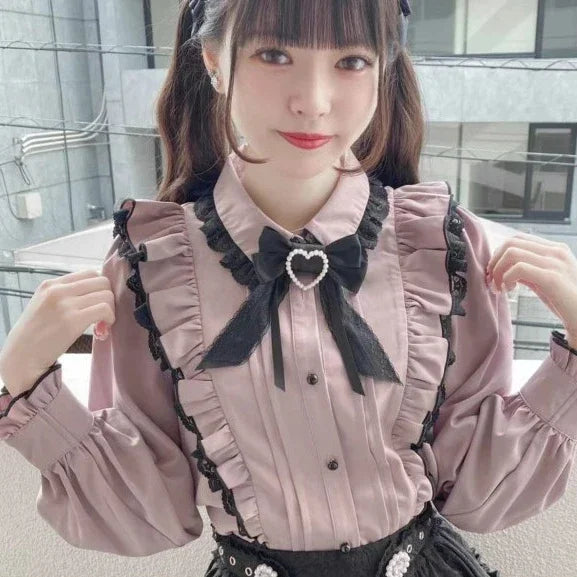 Pink satin bow lace ruffle blouse by eprolo featuring delicate lace and frilled details on a stylish women's top.