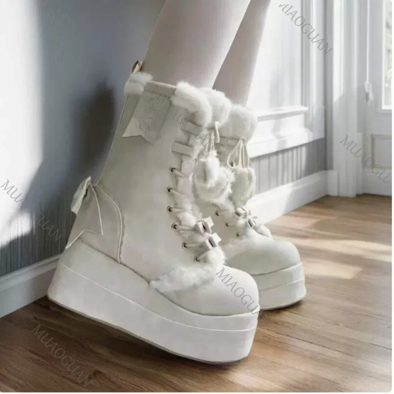 Eprolo fuzzy platform snow boots with bow detail, black peluş exterior, sturdy sole, and stylish winter footwear design