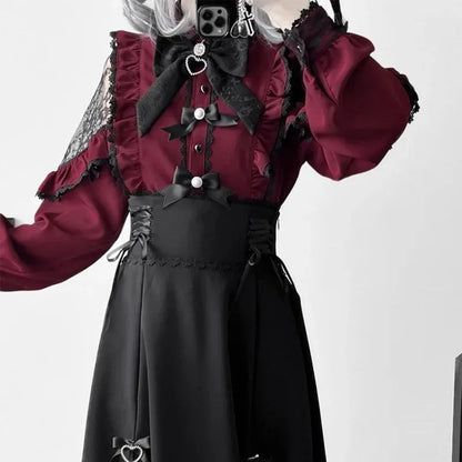 Elegant Jirai Kei Lolita long dress with intricate lace details, featuring a flowing silhouette and delicate design elements.