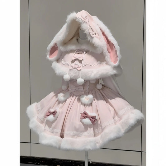 Cute Lolita dress set with bunny details in pastel colors, featuring two matching outfits for children, by eprolo.