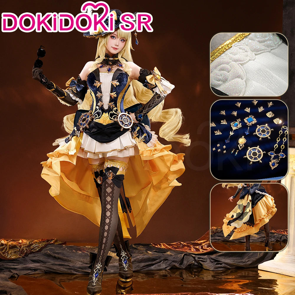 SR Kalite Navia cosplay and wig from Genshin Impact, featuring detailed costume and long, vibrant pink hair wig.
