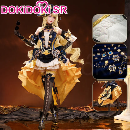 SR Kalite Navia cosplay and wig from Genshin Impact, featuring detailed costume and long, vibrant pink hair wig.