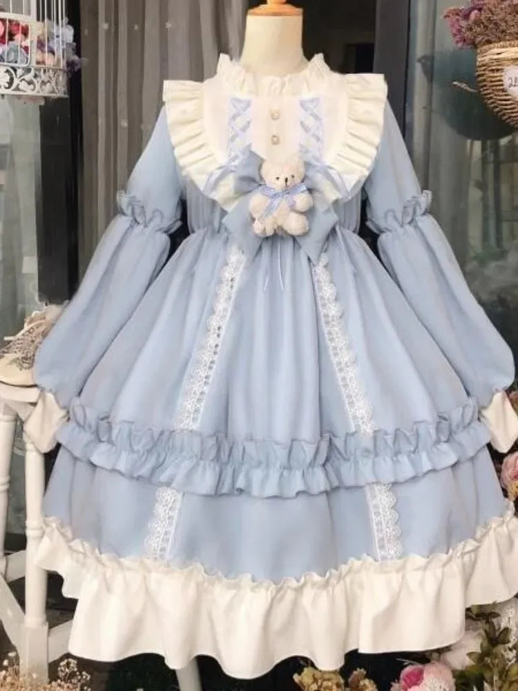 Patchwork frilly kawaii dress by eprolo featuring colorful patchwork fabric and ruffled details, perfect for cute, casual style.