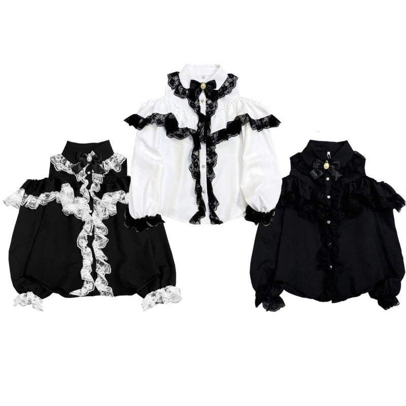 Kawaii bluz with lace details and bow, featuring a cute, feminine style from eprolo. Comfortable and stylish for casual wear.