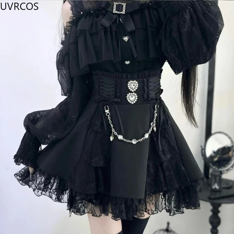 Y2K Lolita Japon Gotik mini etek with lace and gemstone details, kawaii short skirt by eprolo, stylish and edgy fashion piece