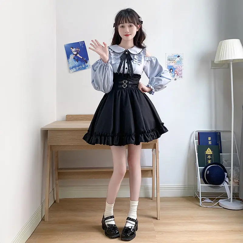 Jirai Kei Fiyonklu off-shoulder blouse and black skirt set by eprolo, featuring stylish fabric and elegant design.