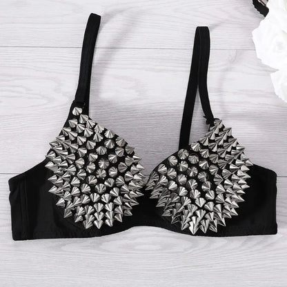 Black gothic spike-detail bra from eprolo featuring edgy spike accents and lace detailing, designed for bold, alternative fashion styles.