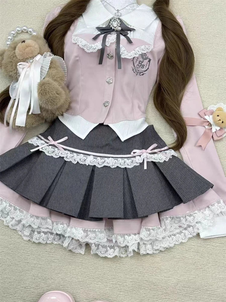 Eprolo long-sleeve blouse and mini skirt set with lace details, stylish and elegant fashion ensemble for women.