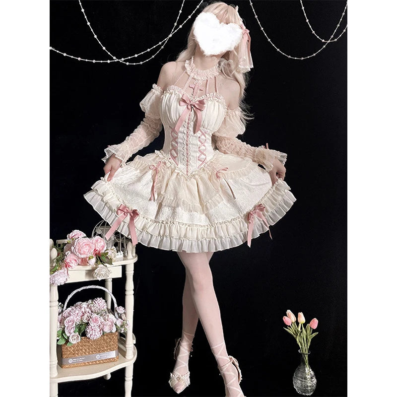 Pink kawaii lolita mini dress with bow details from eprolo, featuring a cute and playful design perfect for stylish occasions.