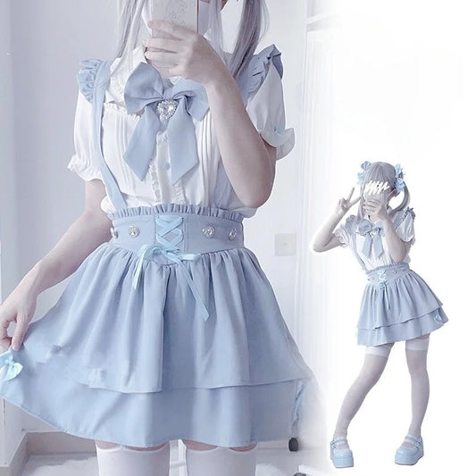 Shadora Lolita Melek print lace blouse and spaghetti strap skirt set displayed on a mannequin, stylish and elegant fashion ensemble.