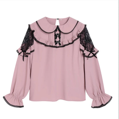 Pink and black Lolita blouse and skirt set with ruffled details, featuring a feminine and elegant style from eprolo.