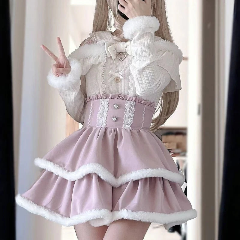 Japon Stil Lolita Dantel Fiyonk Mini Etek & Bluz